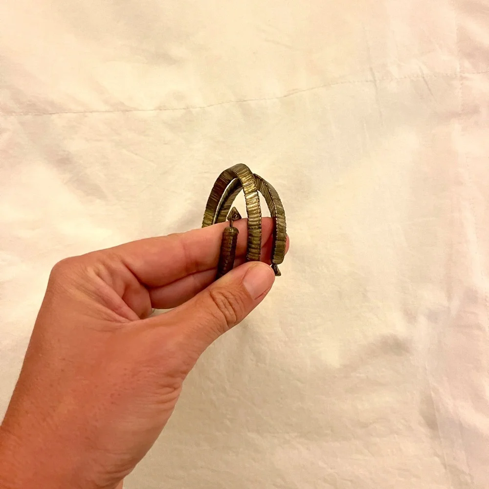 Antique Brass Tone Metal Beaded Wrap Cuff Ribbed Bracelet with Dangle Detail